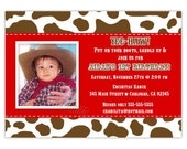 Cow Print Little Cowboy  Birthday Photo Card Invitation (You Print)