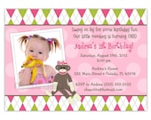 Sock Monkey Argyle Boy Or Girl Birthday Invitation -Any Color- Digital File