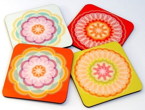 Coaster set mandala soft pastel set of 4 drink coasters bright home decor hostess gift under 25