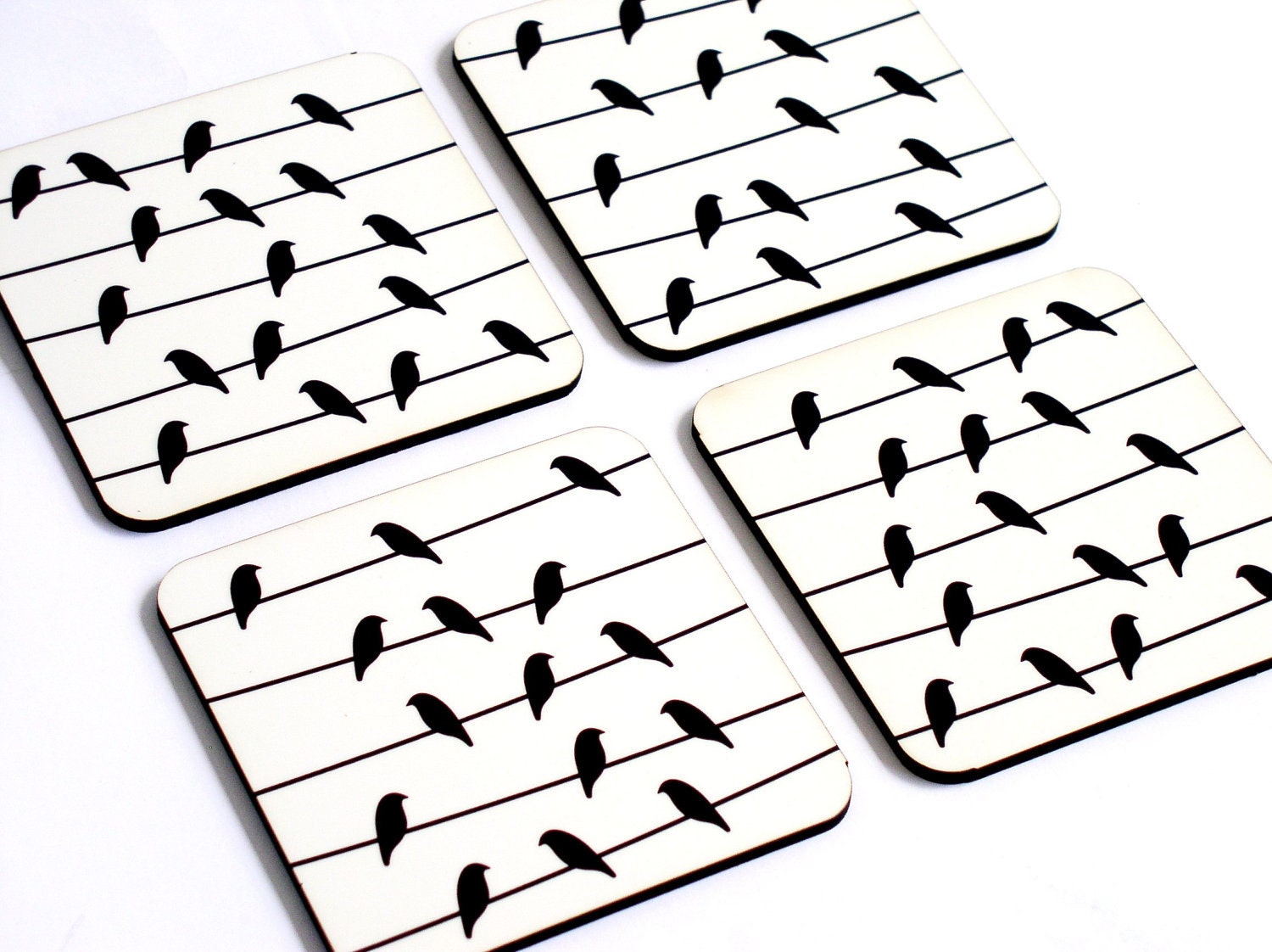 Coaster set Bird on a wire black and white set of four drink coasters hostess kitchen coffee tea coasters gift idea under 25
