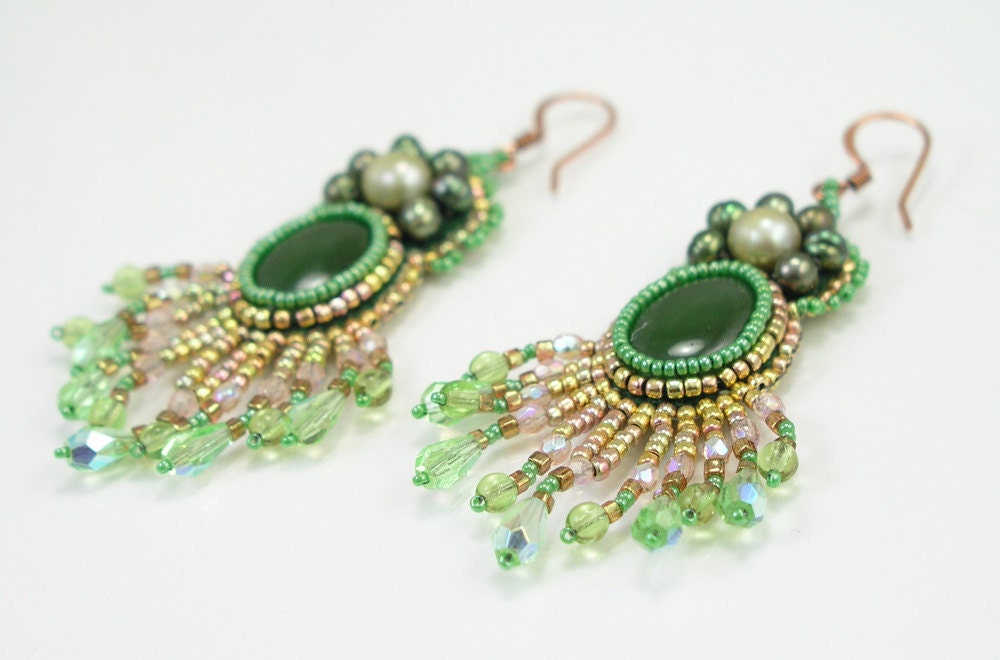 Earrings, Beaded, Halo Angel, Jade and Pearls, Chandelier, Green, Gold, and Pink