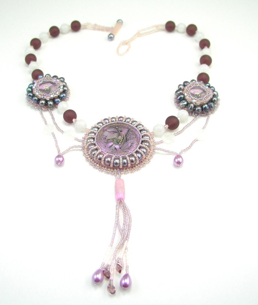 Pendant, Beaded, Lavender Czech Glass Floral Focal Beads and Moonstone