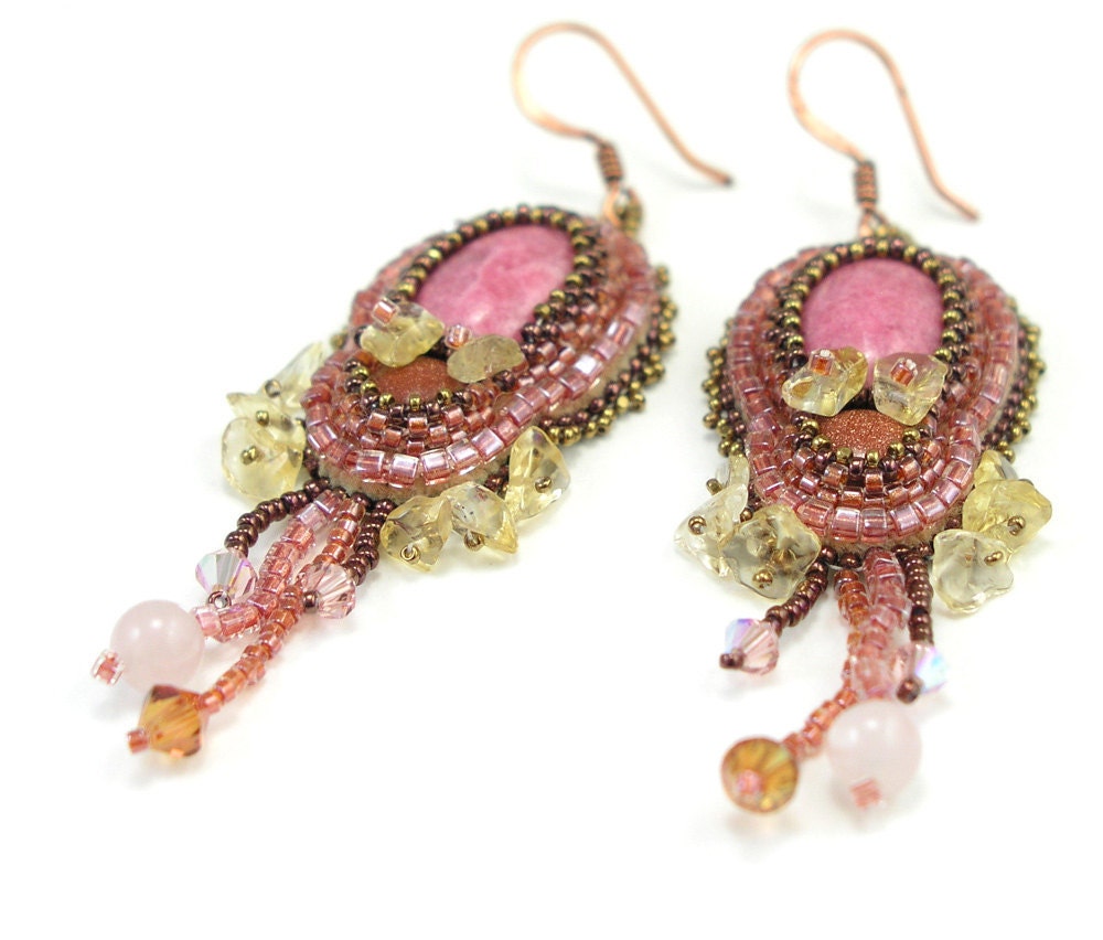 Earrings, Rhodochrosite, Goldstone, and Citrine, Pink, Gold, Yellow, Bead Embroidered, Art Deco Style