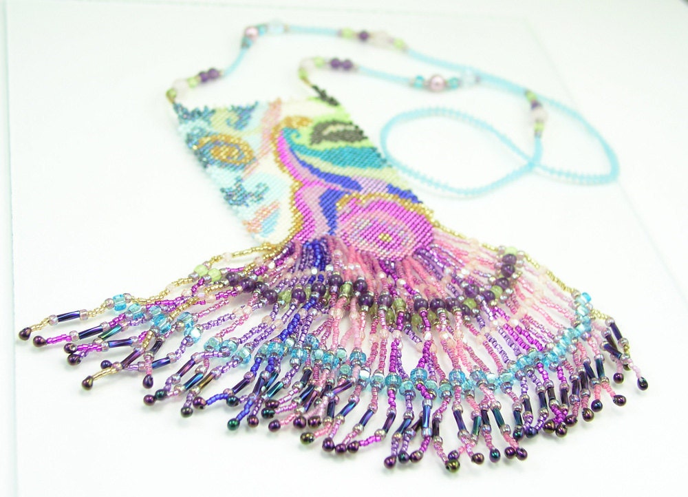 Necklace, Beaded, Ocean Flowers Cascade with Fringe