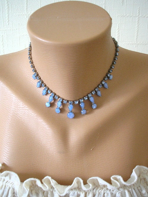 Art Deco Wedding Necklace, Bridal Jewelry, Vintage, Rhinestone, Blue, Satin Glass, Collar, Choker, Drop
