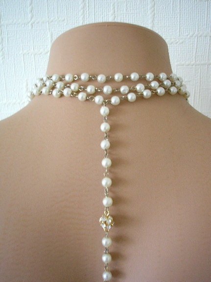 Bridal Necklace With Backdrop, Swarovski Crystal, Wedding Jewelry, Pearl Necklace, Vintage Jewellery, Rhinestone, Upcycled