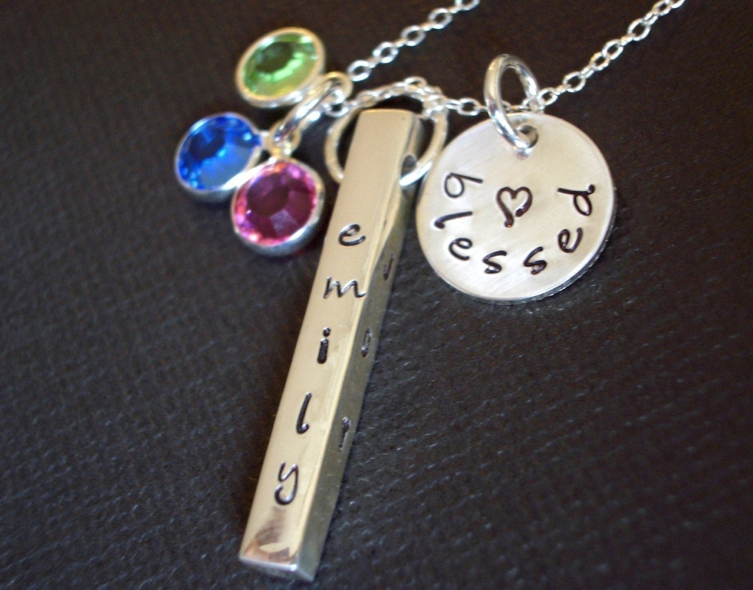 Hand Stamped Jewelry - B L E S S E D - Personalized Family Names in Sterling Silver Bar with Birthstones - Hand Stamped Mothers Necklace