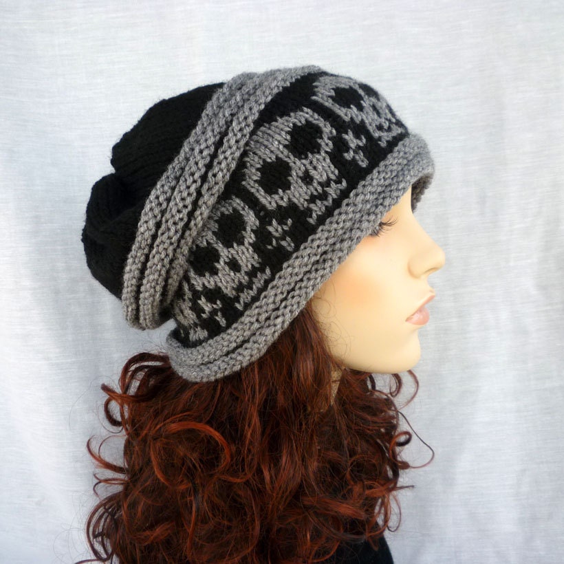 Hand knit Slouch hat with skulls in black and gray