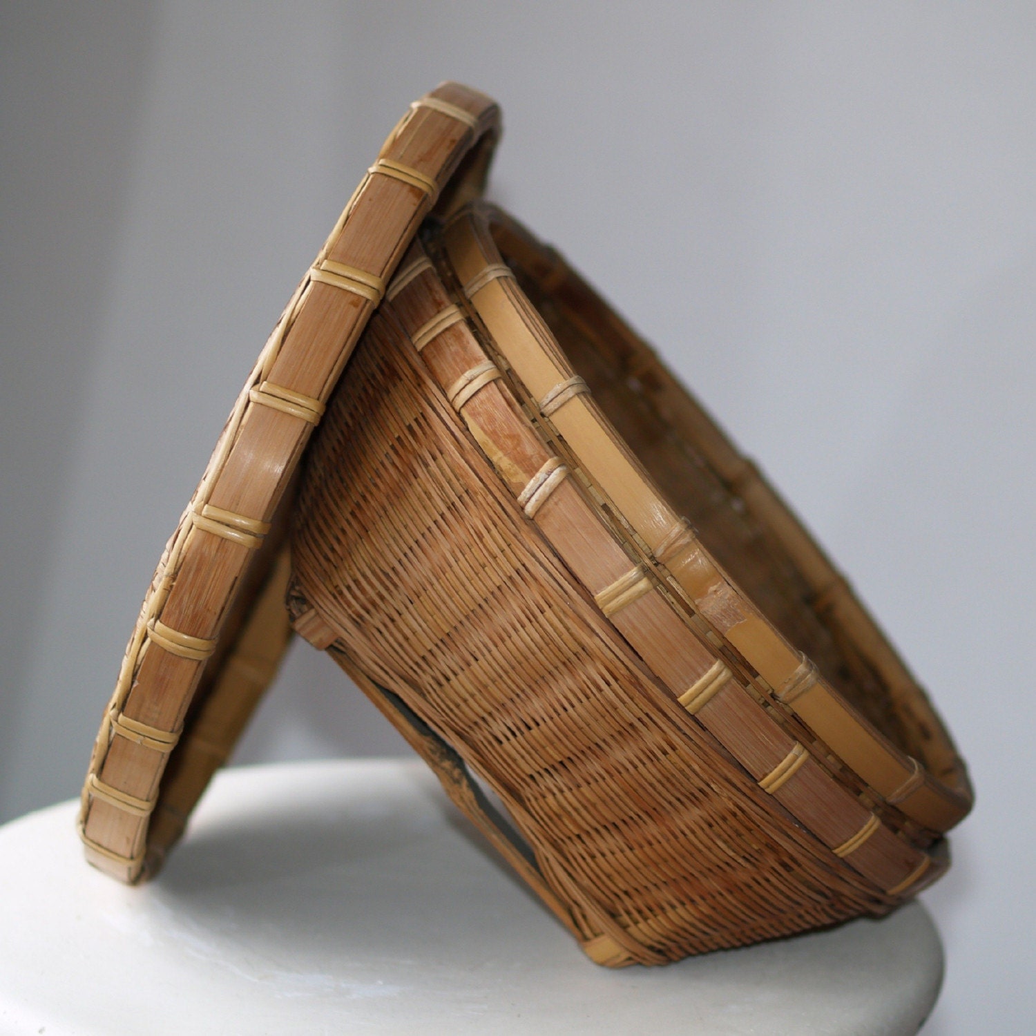 Bamboo / Wicker Sewing Basket ... Vintage . Classic . Container . Storage . Shabby Chic . Woven . Sturdy . Lid