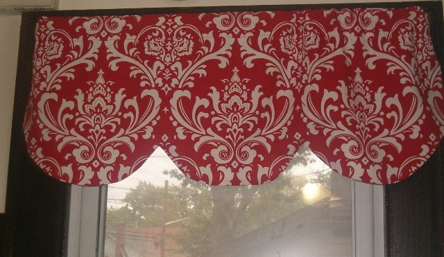 Scallop window curtain valance, 42 x 16 inches, Red and white damask, made to order