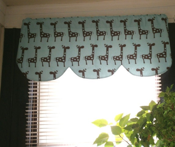 French blue and brown giraffe valance, kids room, children's decor, 42 x 16 inches, custom sizes available