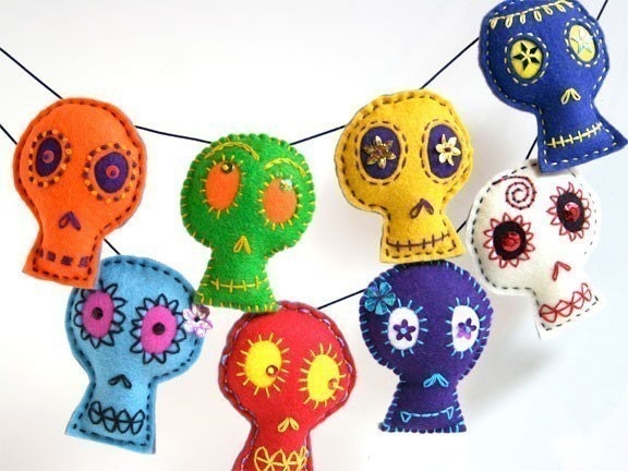 Day of the Dead Felt Skull Garland Banner, handstiched with bright colors, small