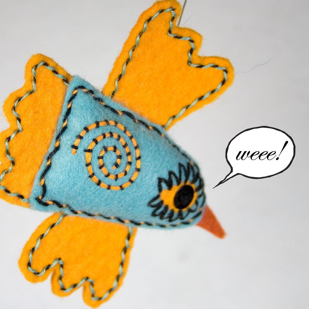 Handstiched Felt Bird Pin or Necklace, aqua and tangerine