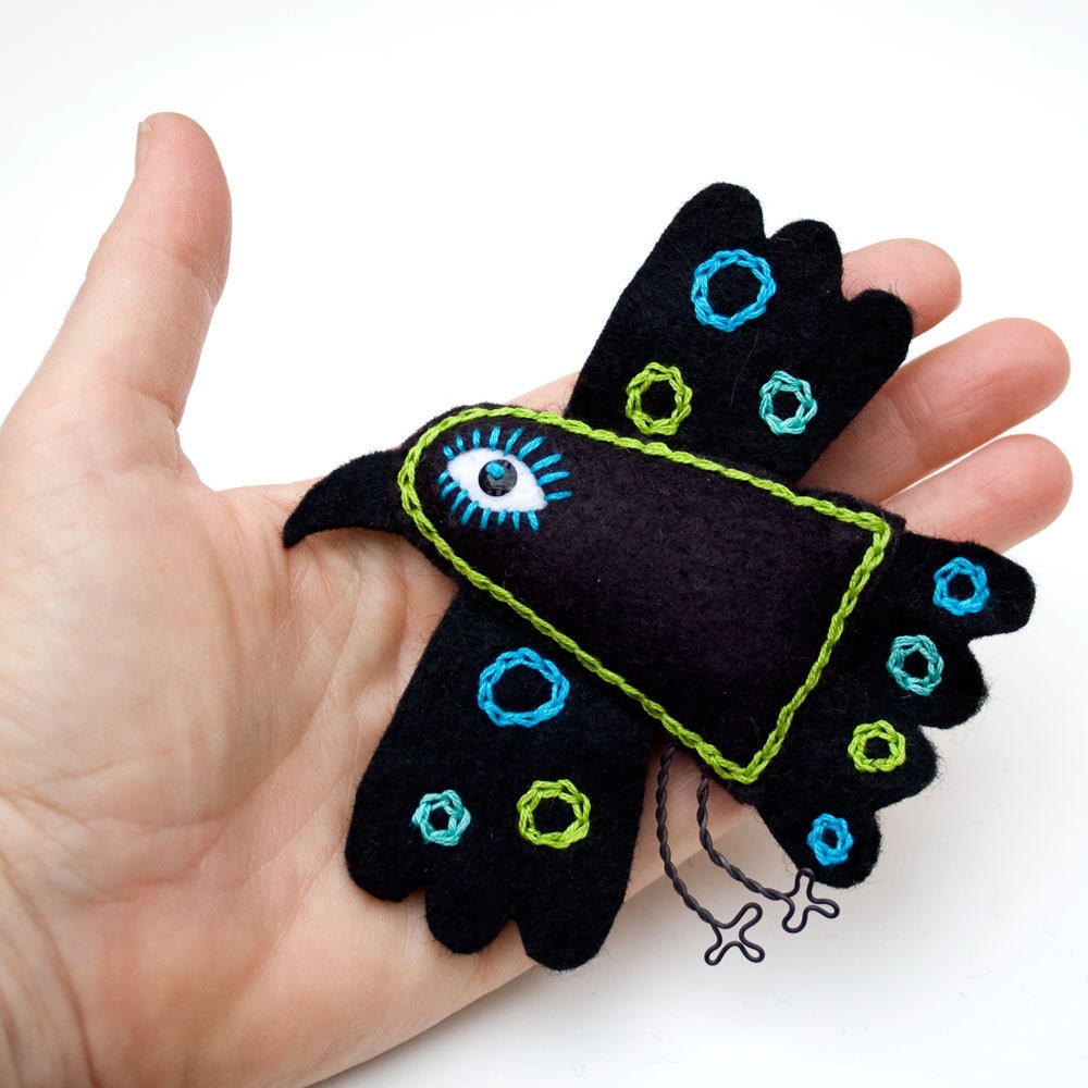 Mexican Folk Art Felt Raven ornament handstiched