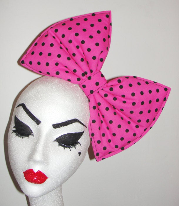 Bright pink & black spot polka dot print Giant hair bow fascinator - headband, elasticated or comb - vintage fabric 80s 90s