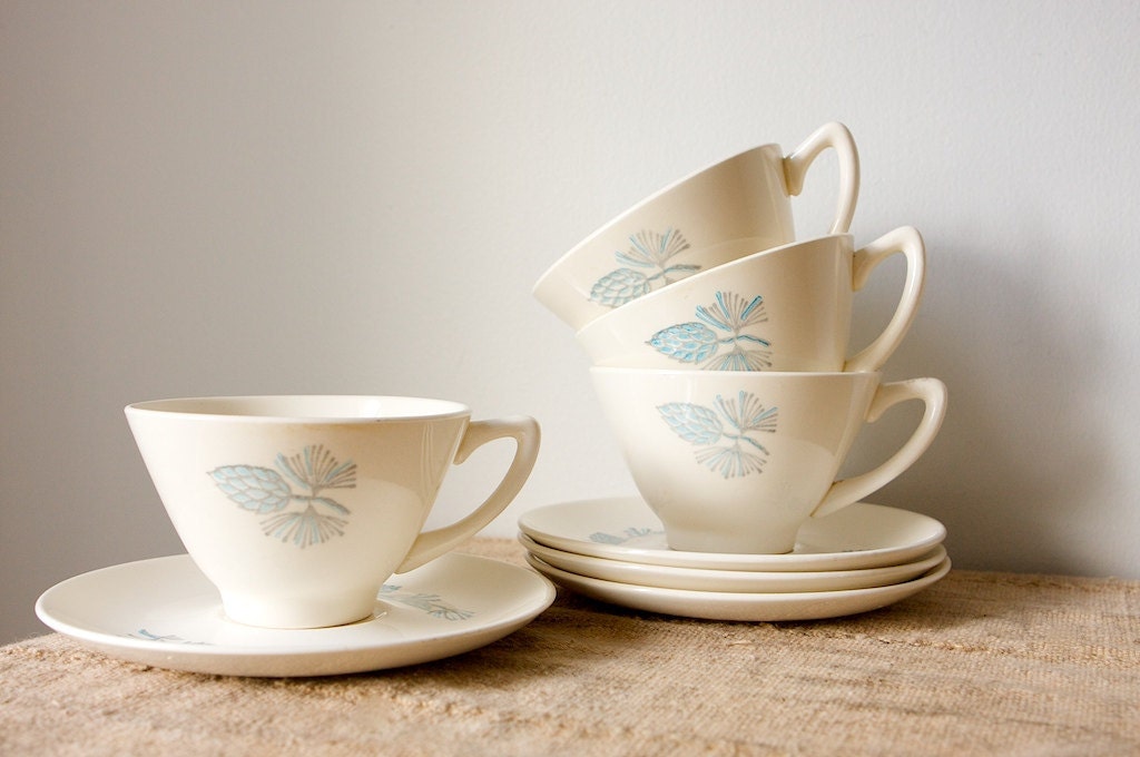 Vintage Mid Century Cups and Saucers-Marcrest Blue Spruce, Set of 6