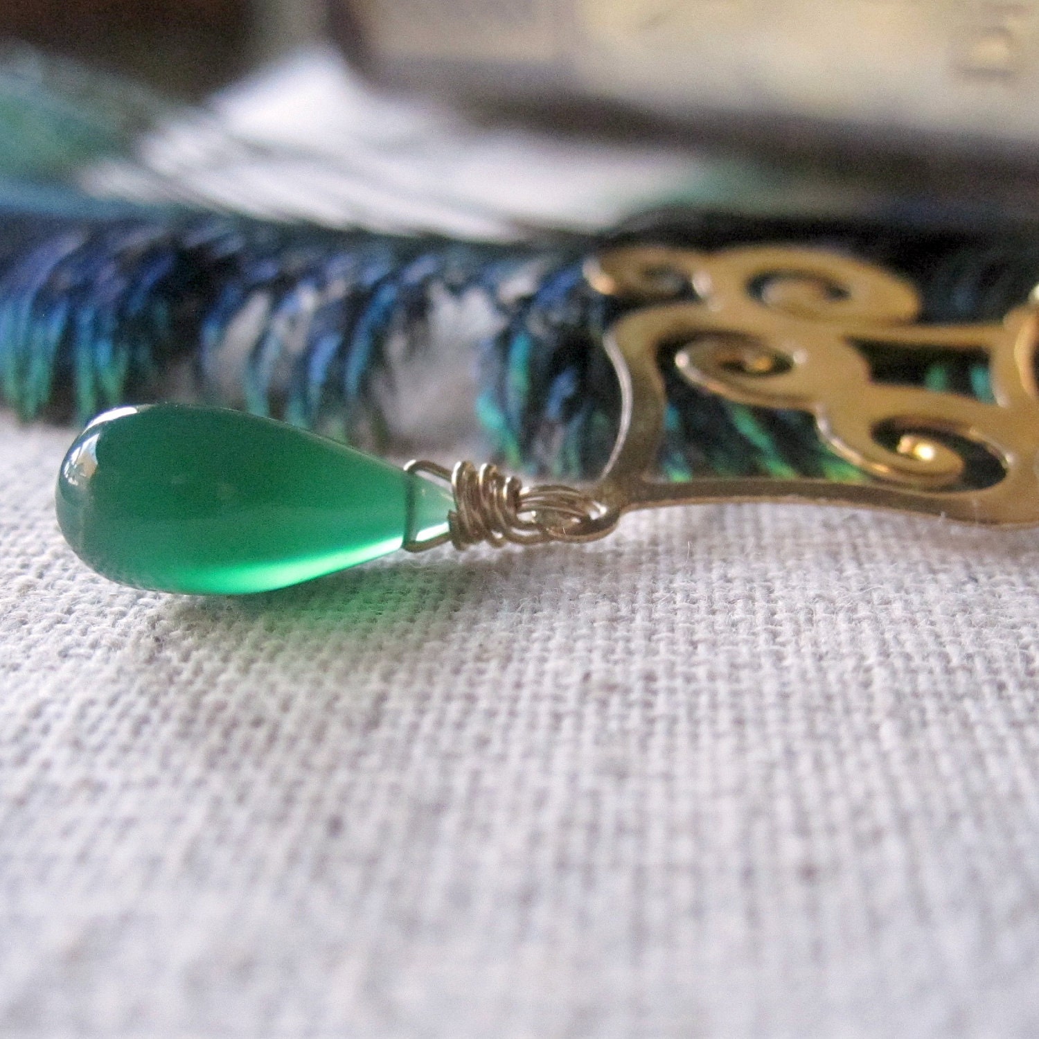 Green Chalcedony Necklace, Gold Charm Necklace, Long Neckace, Gold FIll Jewelry, Green Gemstone