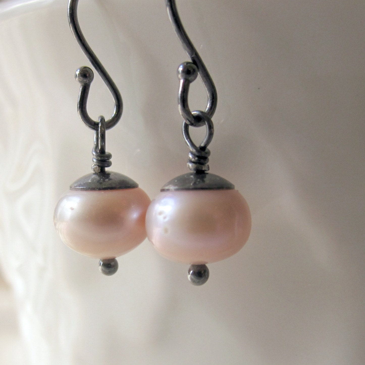 Pink Pearl Earrings, Shell Pink Earrings, Freshwater Pearls, Oxidized Sterling Silver, Birthstone Earrings - Subtle