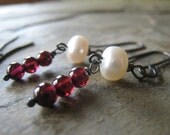 Garnet Earrings, Freshwater Pearl, Oxidized Sterling Silver, Birthstone Earrings, January and June Birthstone - White Lies and Red Lights