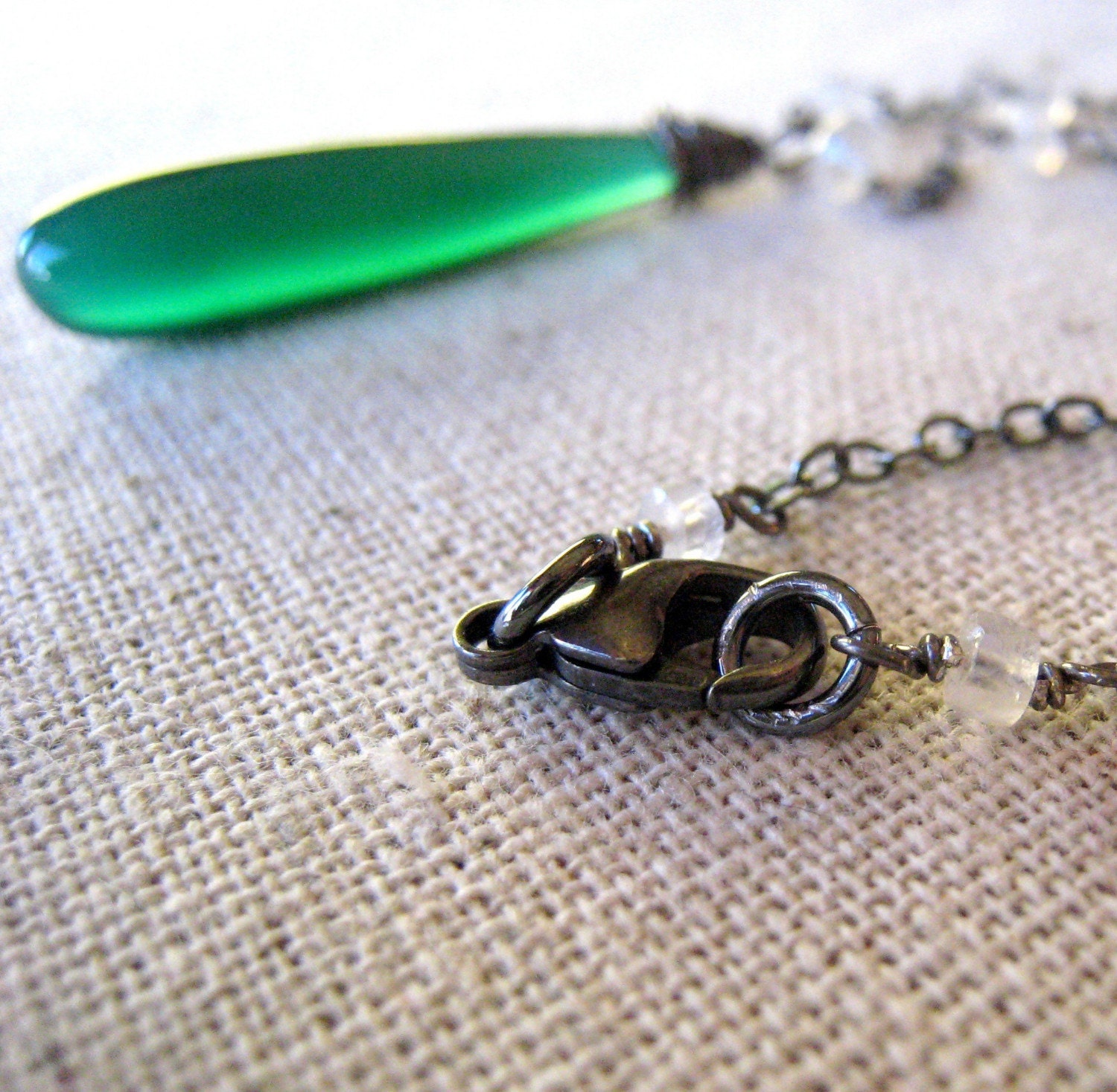 Green Necklace, Oxidized Sterling Silver Necklace, Green Chalcedony Long Necklace, Long Teardrop Gemstone  - Wicked