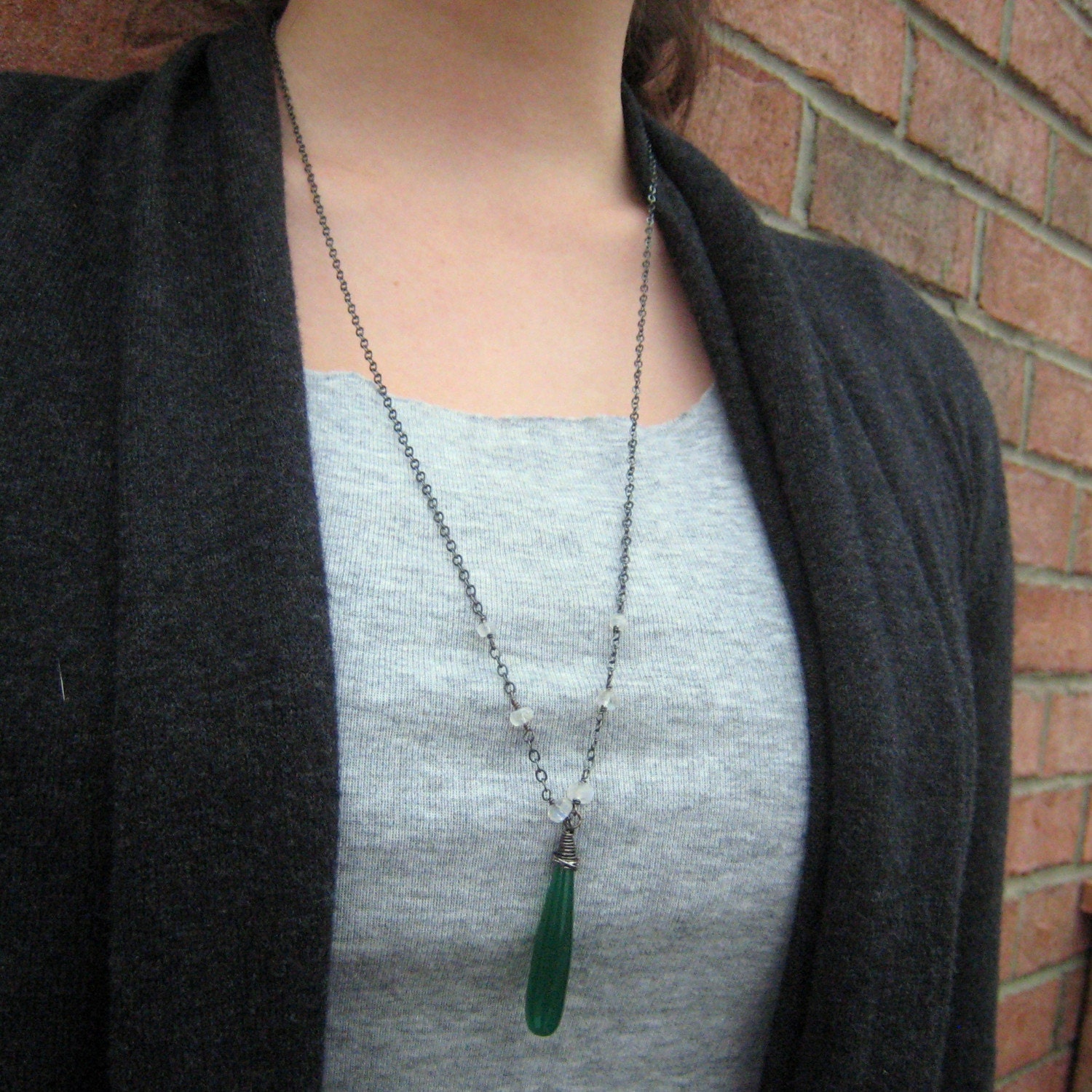 Green Necklace, Oxidized Sterling Silver Necklace, Green Chalcedony Long Necklace, Long Teardrop Gemstone  - Wicked