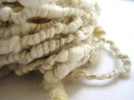 Super Coil Hand Spun White Natural Egyptian Cotton, Linen, Flax, Merino, Silk, Wensleydale Fiber Blend Yarn 22yards