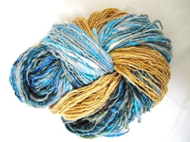 Handspun art yarn, Yellow Sandy Beach, Deep Green Blue Sea, By the Turquoise Pool, Seaside Holiday Bundle 282yards
