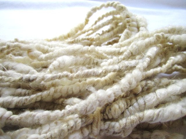 Super Coil Hand Spun White Natural Egyptian Cotton, Linen, Flax, Merino, Silk, Wensleydale Fiber Blend Yarn 22yards