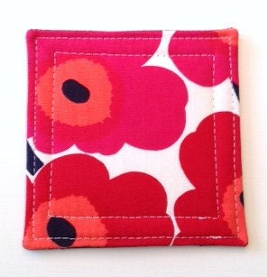 Set of 4 Coasters made w/ MARIMEKKO Mini Unikko fabric, RED