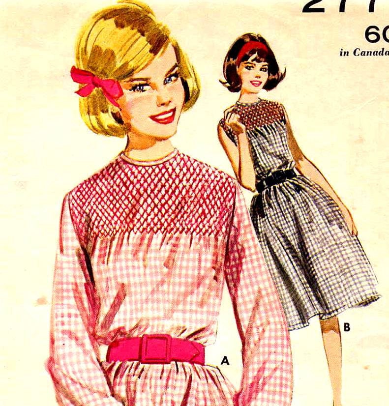 Vintage 1960s Smocked Gingham Day Dress with Gathered Skirt Butterick 2771 Sewing Pattern--Bust 32