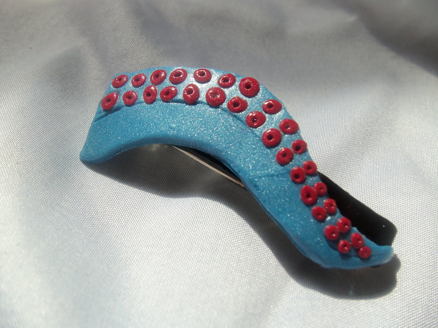 Polymer Clay Barrette - Medium Blue and Red Tentacle