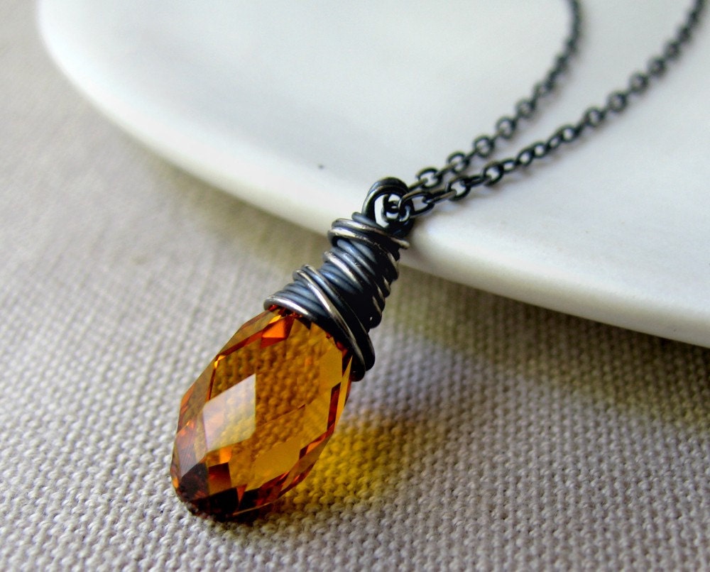 swarovski drop sterling silver necklace - topaz, honey, wirewrapped