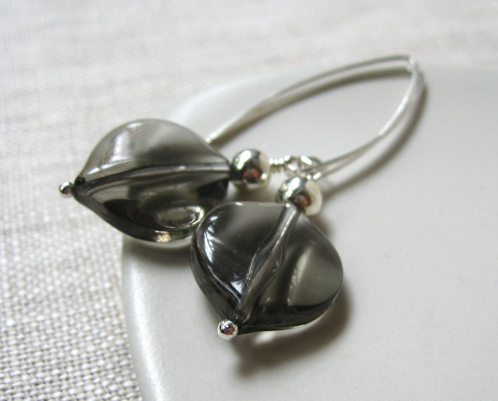 long sterling silver earrings, handmade elongated hook, charcoal grey vintage bead