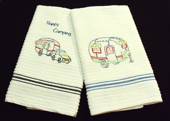 Happy camping 2 kitchen towels embroidery by craftymagaw