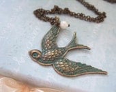 GLIDING SPARROW antiqued brass sparrow bird necklace with tiny seed pearl