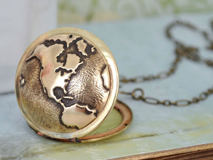 TRAVEL THE WORLD vintage brass locket necklace with world map globe