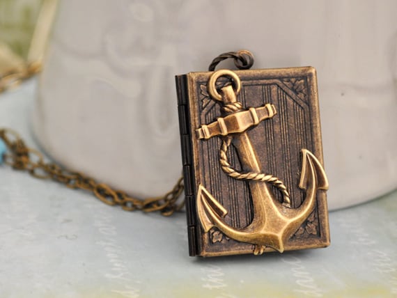 JOURNEY book style antiqued brass locket with anchor
