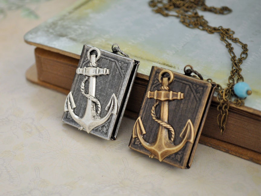 JOURNEY book style antiqued brass locket with anchor