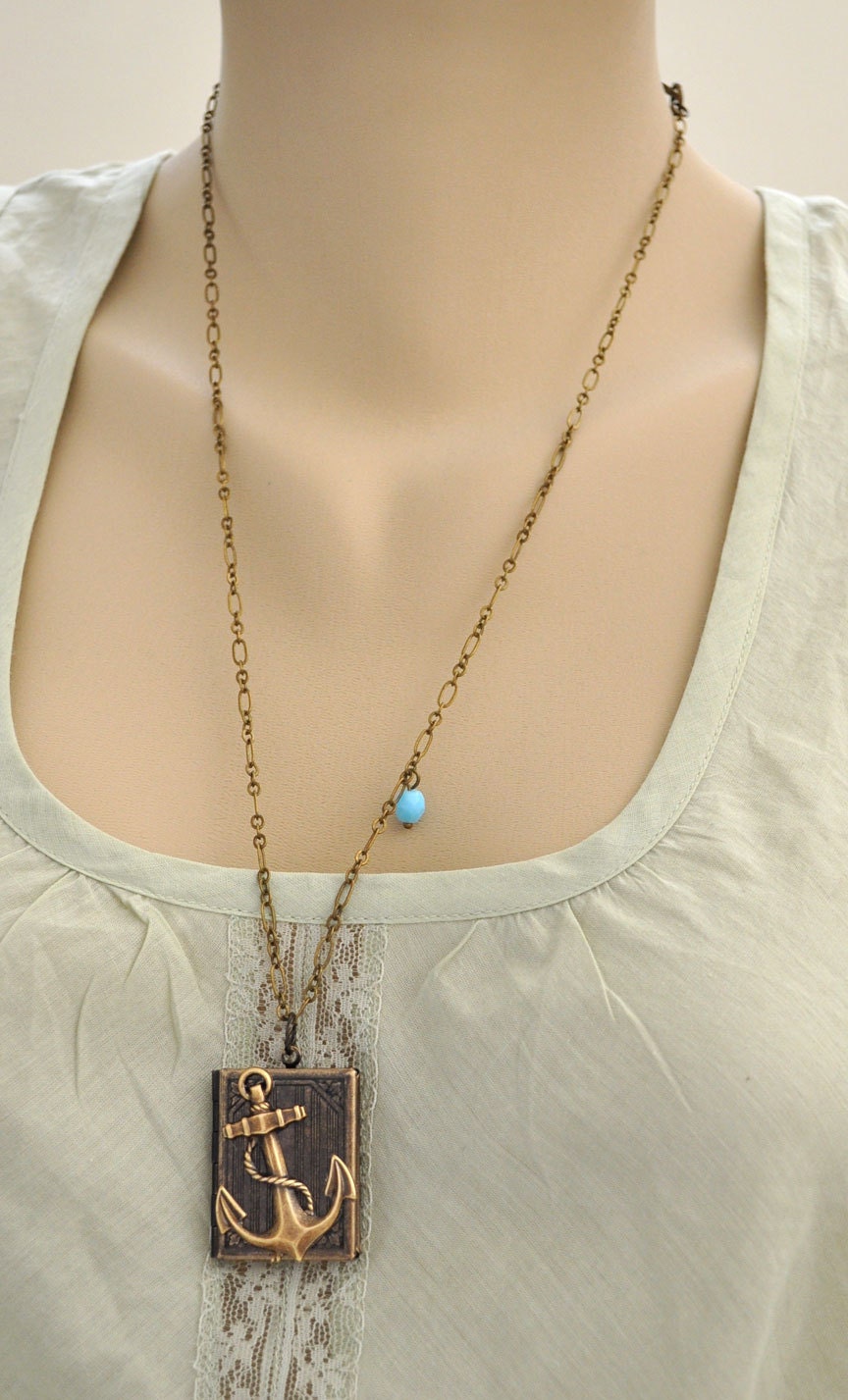JOURNEY book style antiqued brass locket with anchor