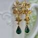 ORCHID EARRINGS, golden tone raw brass orchid leaf earrings with Swarovski emerald glass teardrop jewels