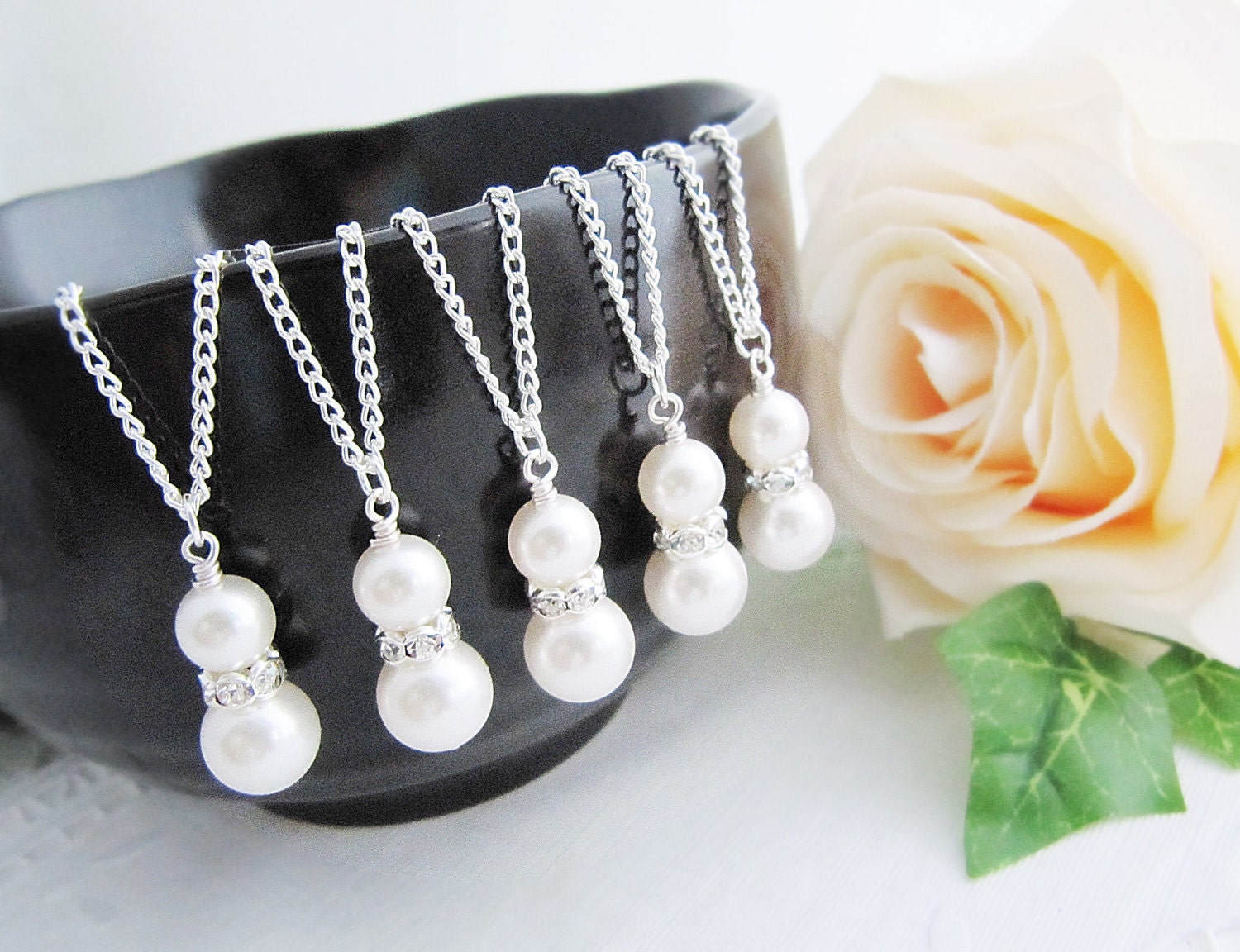 Set of 6 Wedding Jewelry Sweet Crystal white Swarovski Pearls with Rhinestone rondelles Bridal Bridesmaid Necklaces