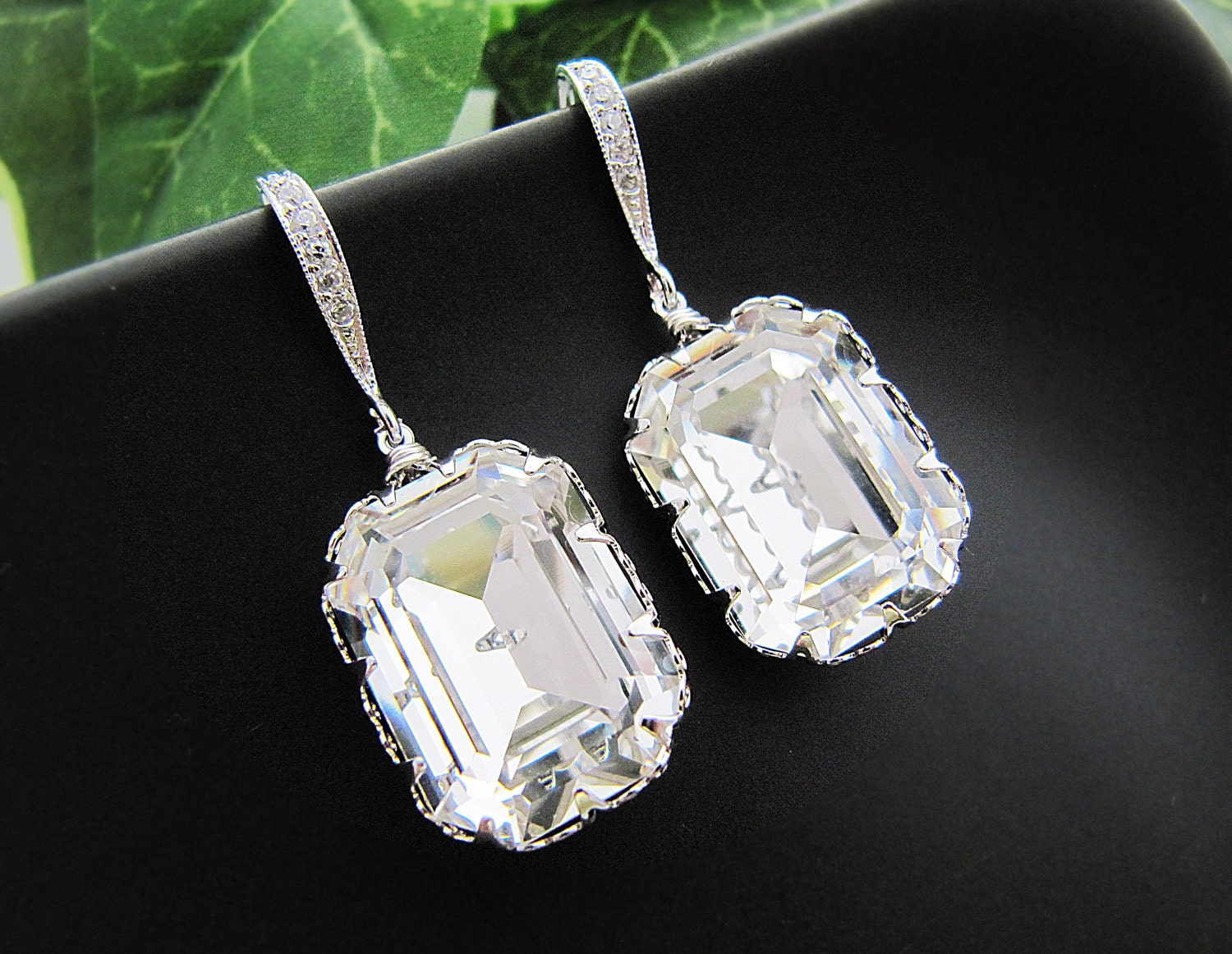 Bridal Earrings - Rodium plated over Sterling Silver Ear hooks with Clear White Swarovski Crystal Rectangle drops