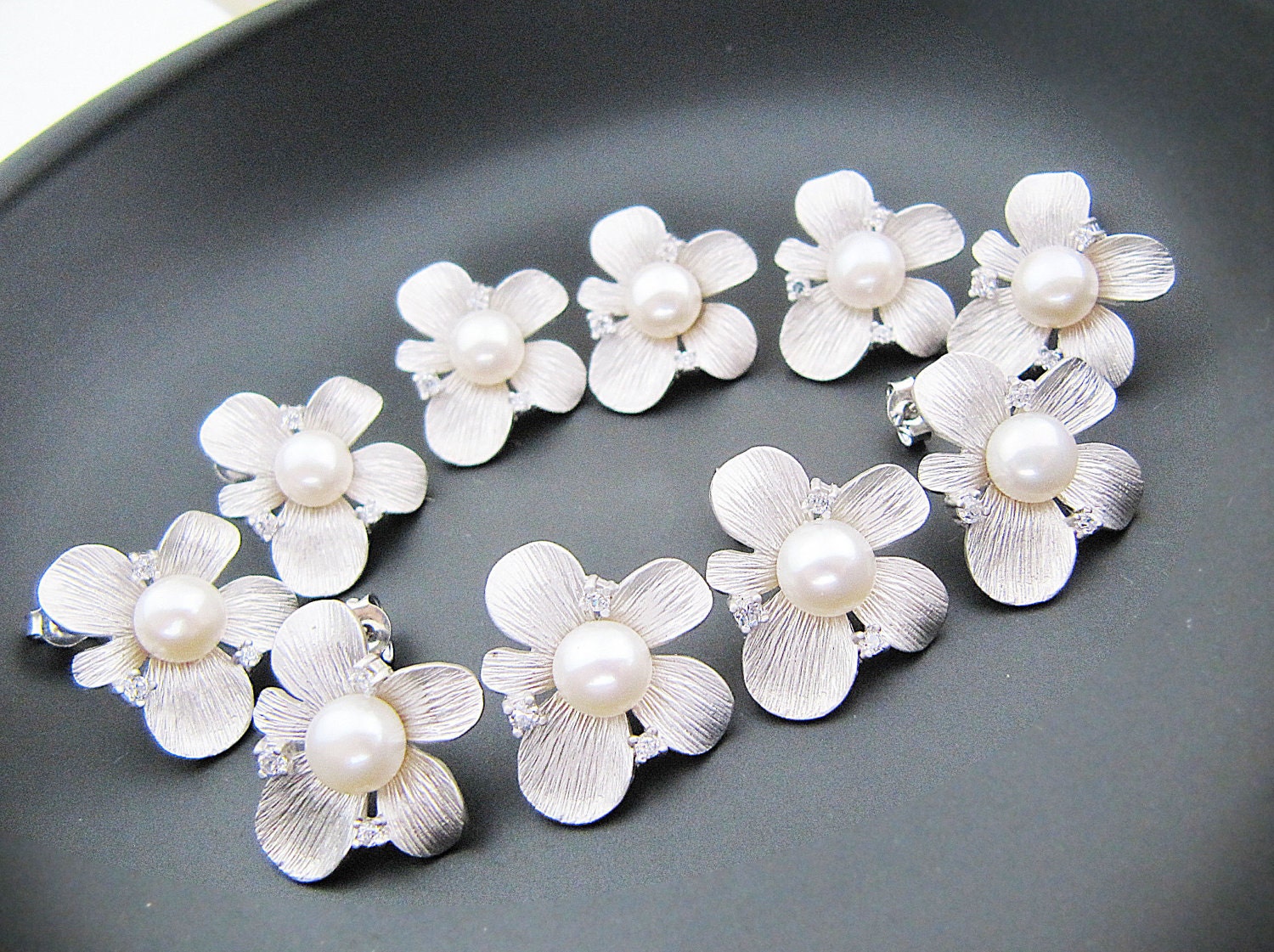 SET of 6 Wedding Jewelry Bridesmaid Jewelry Bridal Earrings Bridesmaid Earrings  - Cubic Zirconia matte flower earrings and freshwater pear