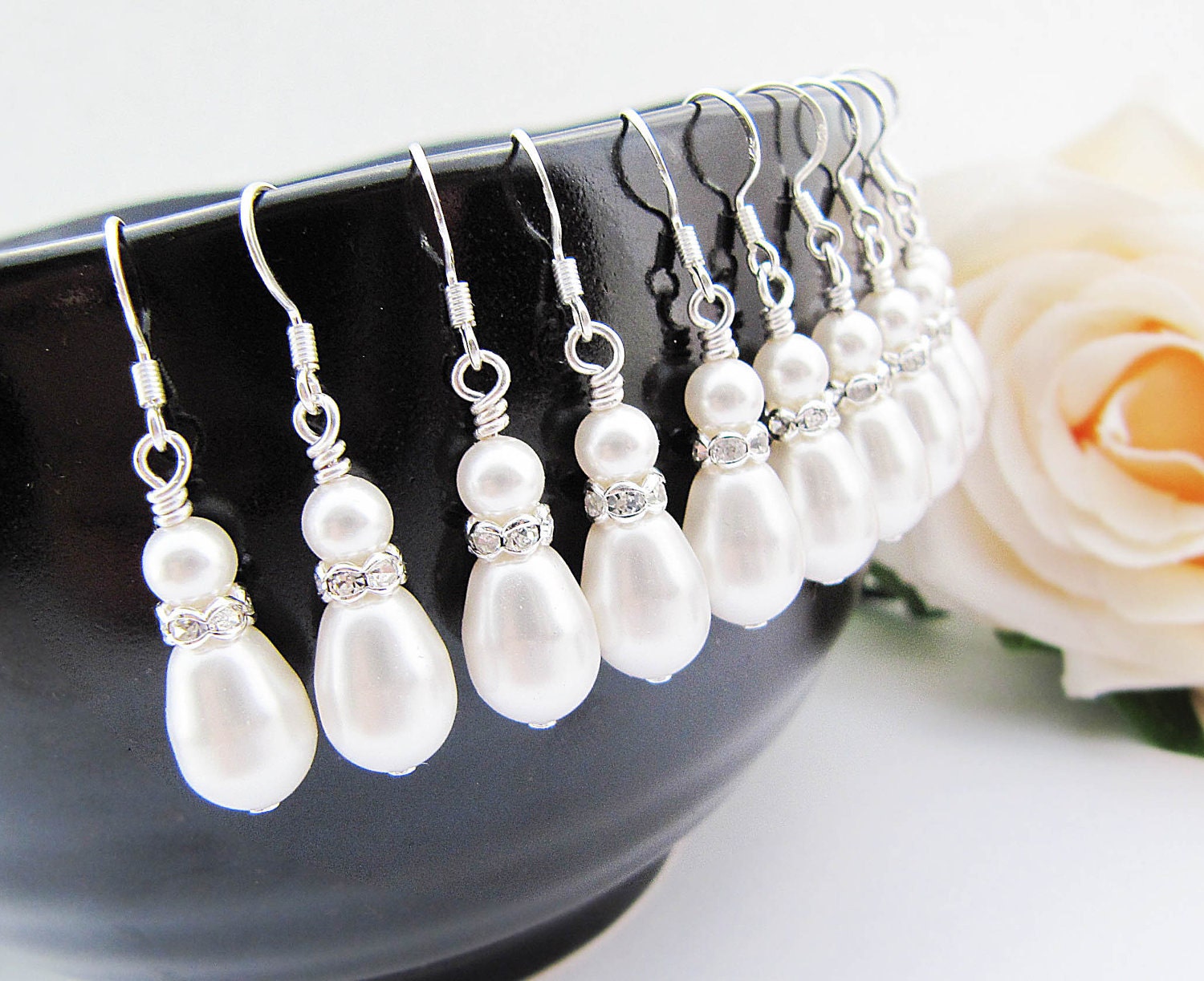 SET of 5 Wedding Jewelry Bridesmaid Jewelry Bridesmaid Earrings Crystal white Swarovski Tear Drop Pearls with rhinestone rondelles earrings