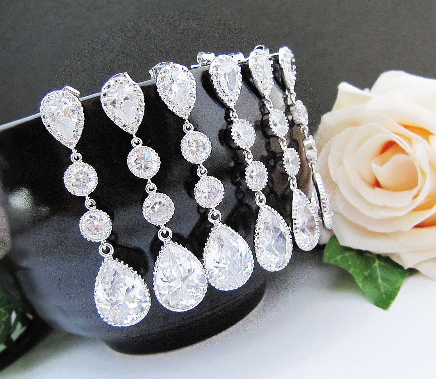 SET of 7 Wedding Jewelry Bridesmaid Jewelry Bridesmaid Earrings cubic zirconia connectors and (L) cubic zirconia Crystal tear drops