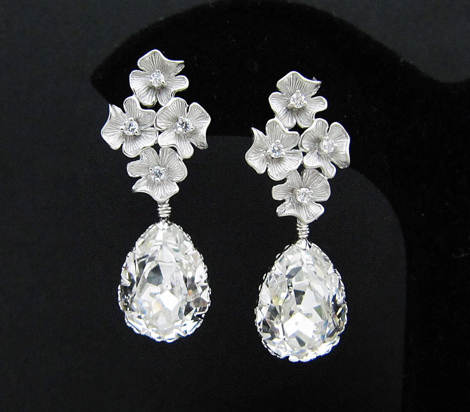 Wedding Jewelry Bridal Earrings Bridesmaid Earrings flower with cubic zirconia ear posts and Clear White Swarovski Crystal Tear drops