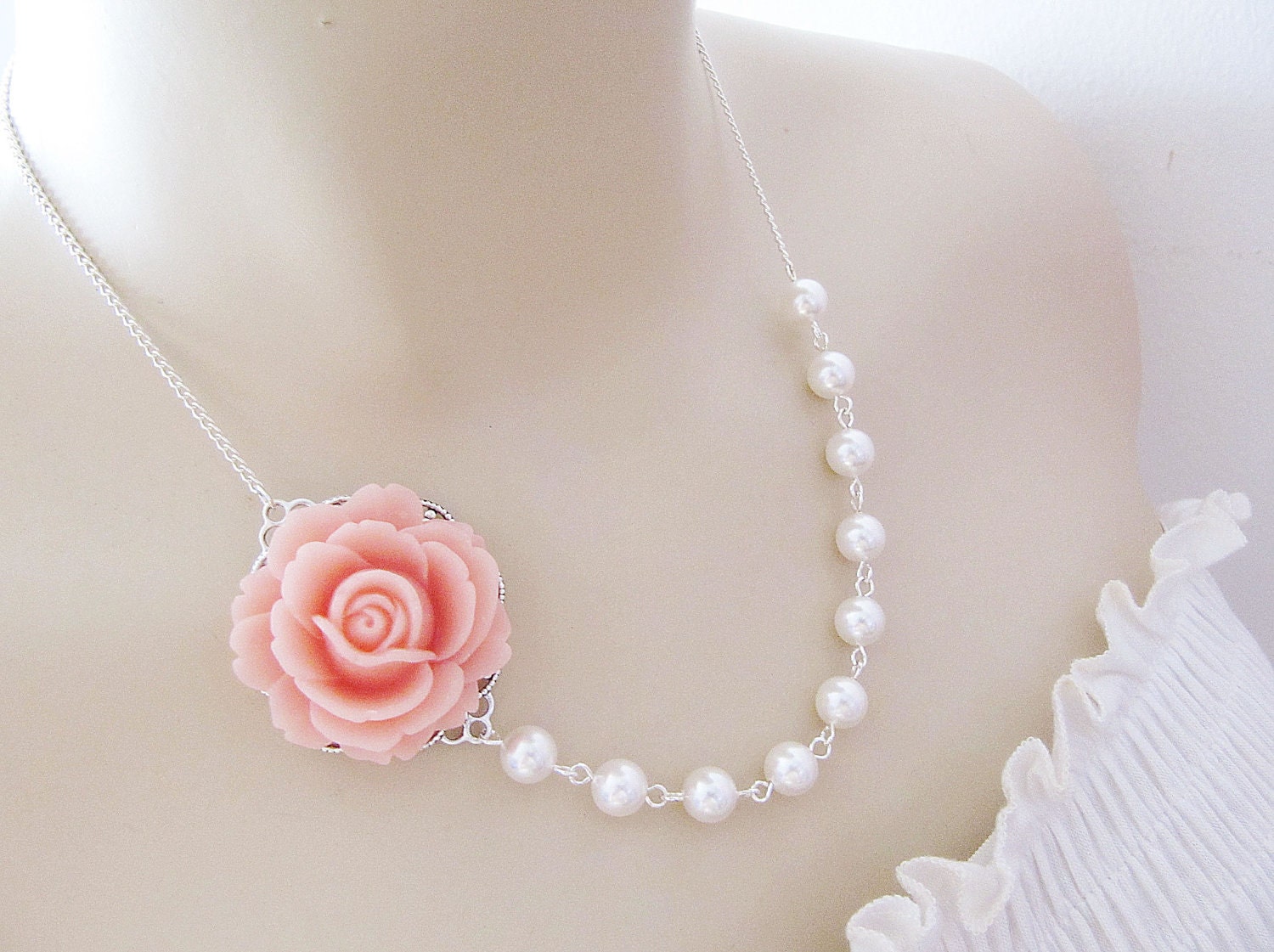 Bridal Necklace Bridesmaid Necklace Romantic light pink Rose Flower Cabochon and Crystal White Swarovski Pearls