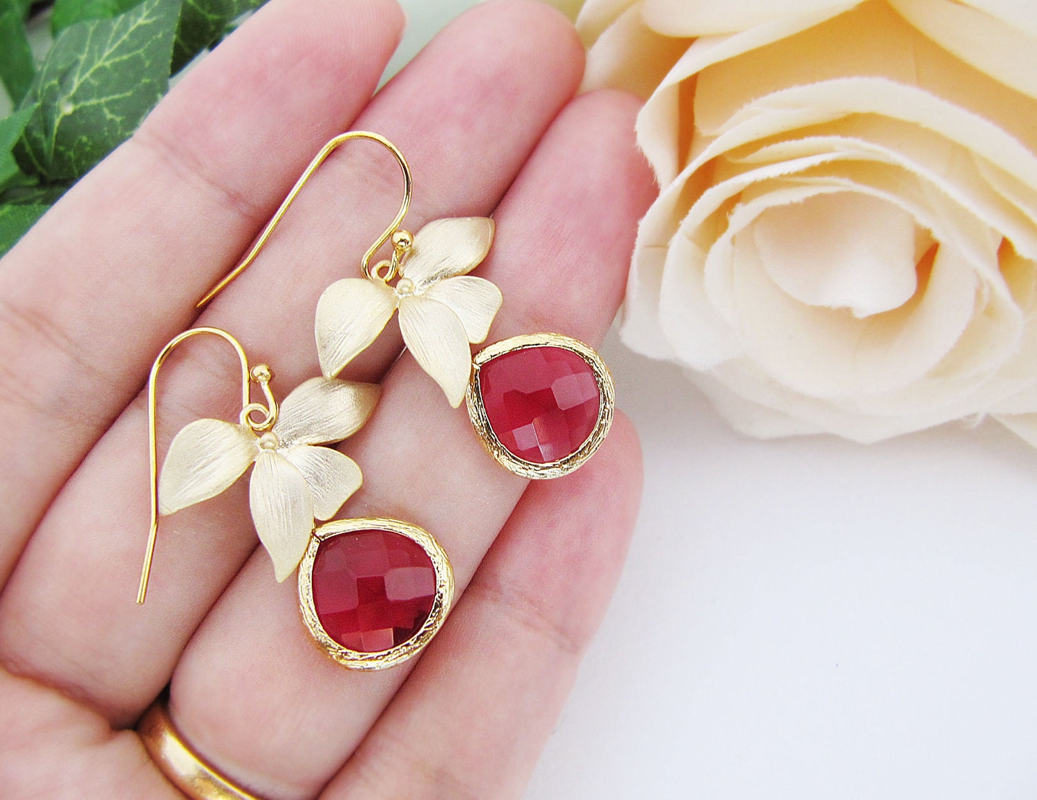 Matte Gold flower and Red Ruby Glass Drop Earrings . For Her. Gift for Her. Bridesmaid Earrings