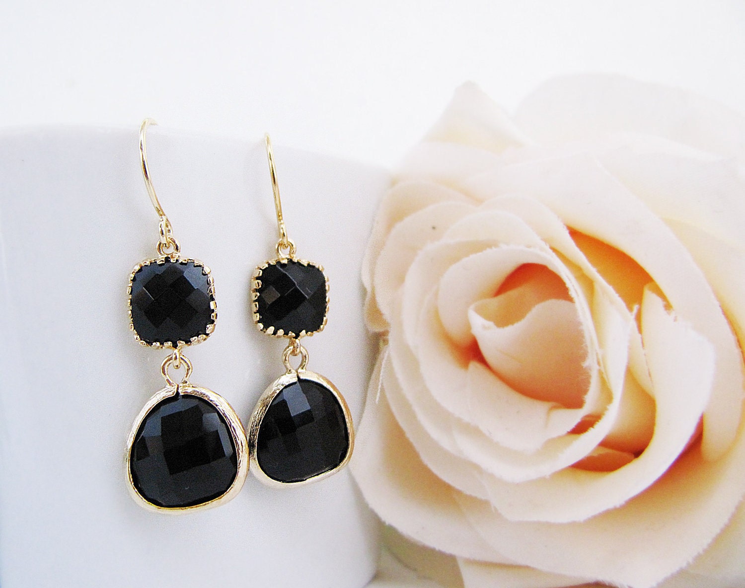 Black Jet Glass Matte Gold Trimmed Earrings . Gift for Her . Bridesmaid Earrings