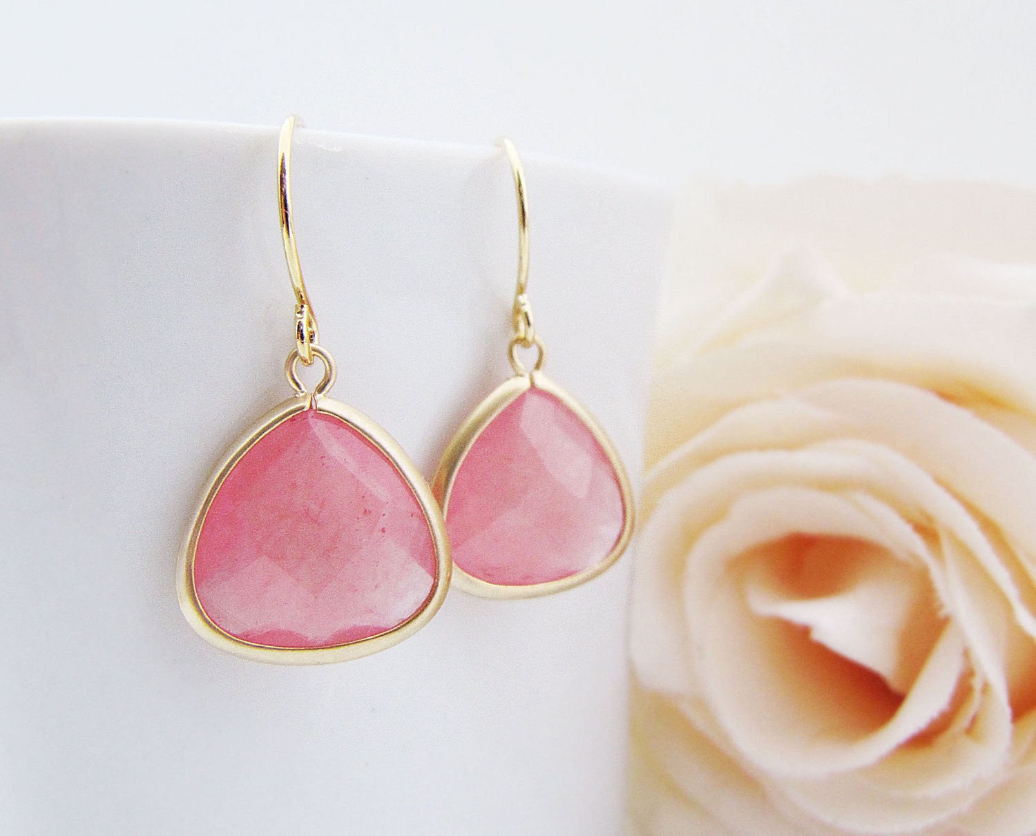 SET of 5 Wedding Jewelry Bridesmaid Jewelry Bridal Earrings Bridesmaid Earrings Baby Pink Agate Matte Gold Trimmed Earrings